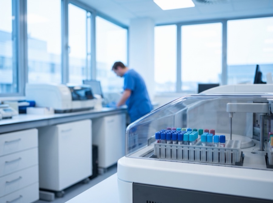 Klinická laboratoř se zkumavkami v automatickém analyzátoru
